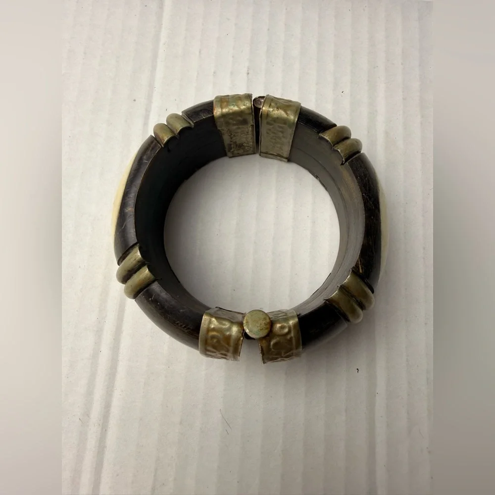 Vintage Bone Brass Wood Bangle‎ Hinged Bracelet Bohemian Chinky Wide Hippie 80s